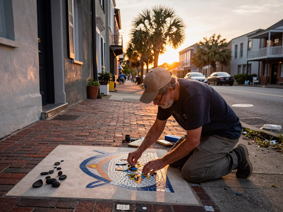 Charleston South Carolina Sunset Street Scene with Mosaic Artist and Passion Flower in in Charleston, South Carolina, United States
