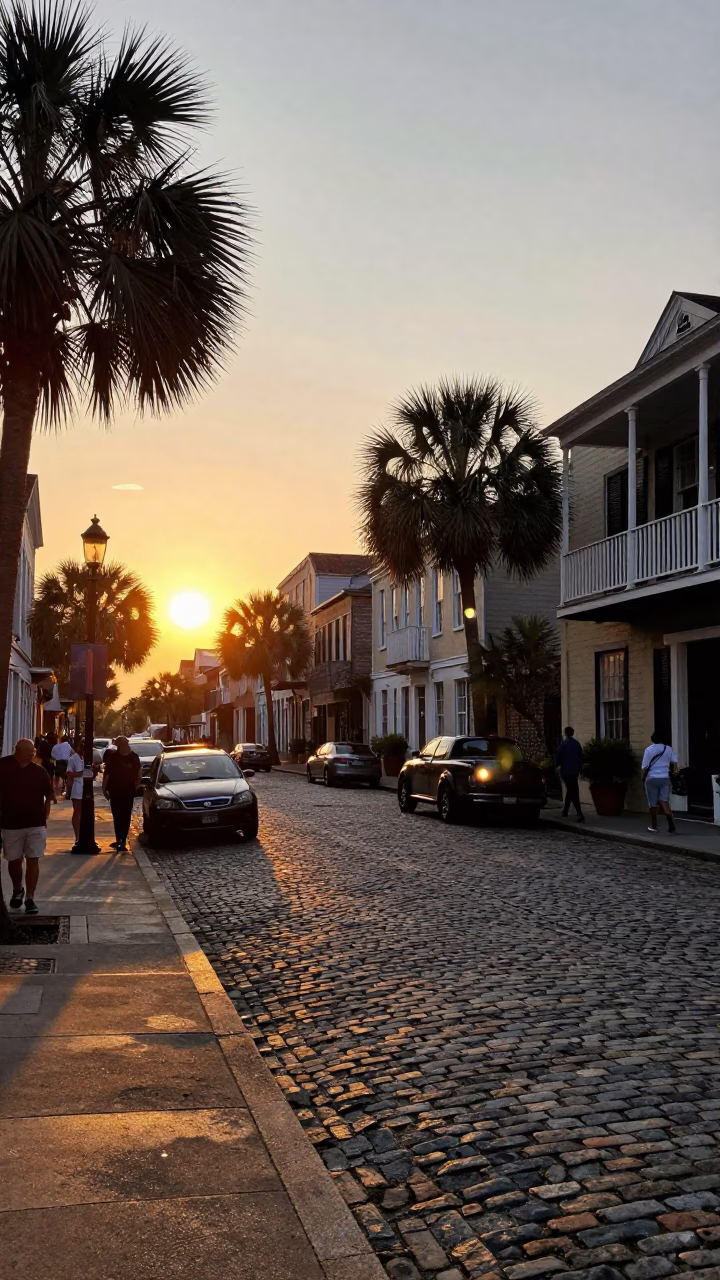 Charleston South Carolina Sunset Street Scene with Vintage 1970s Aesthetic and Local Details in in Charleston, South Carolina, United States