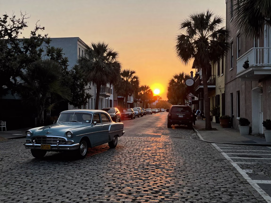 Charleston South Carolina Sunset Street Scene with Vintage Car and Historic Architecture in in Charleston, South Carolina, United States