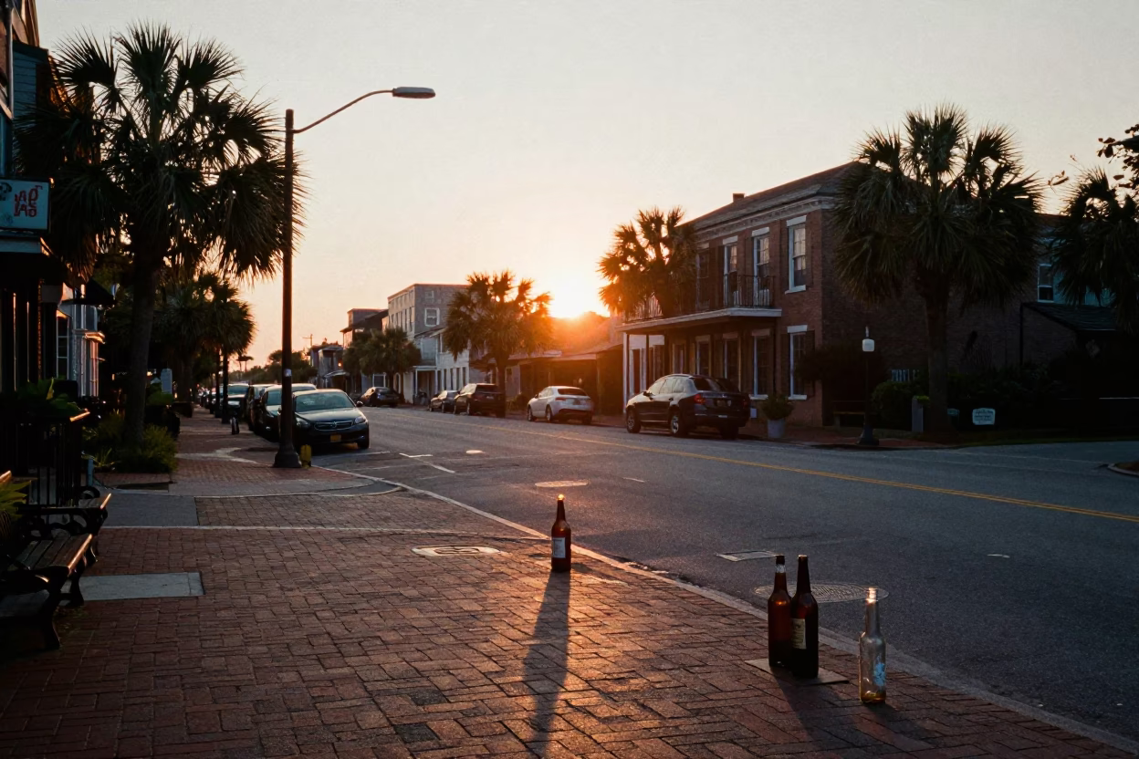 Charleston South Carolina Sunset Street Scene with Vintage Glass Bottles and Canal Lock in in Charleston, South Carolina, United States