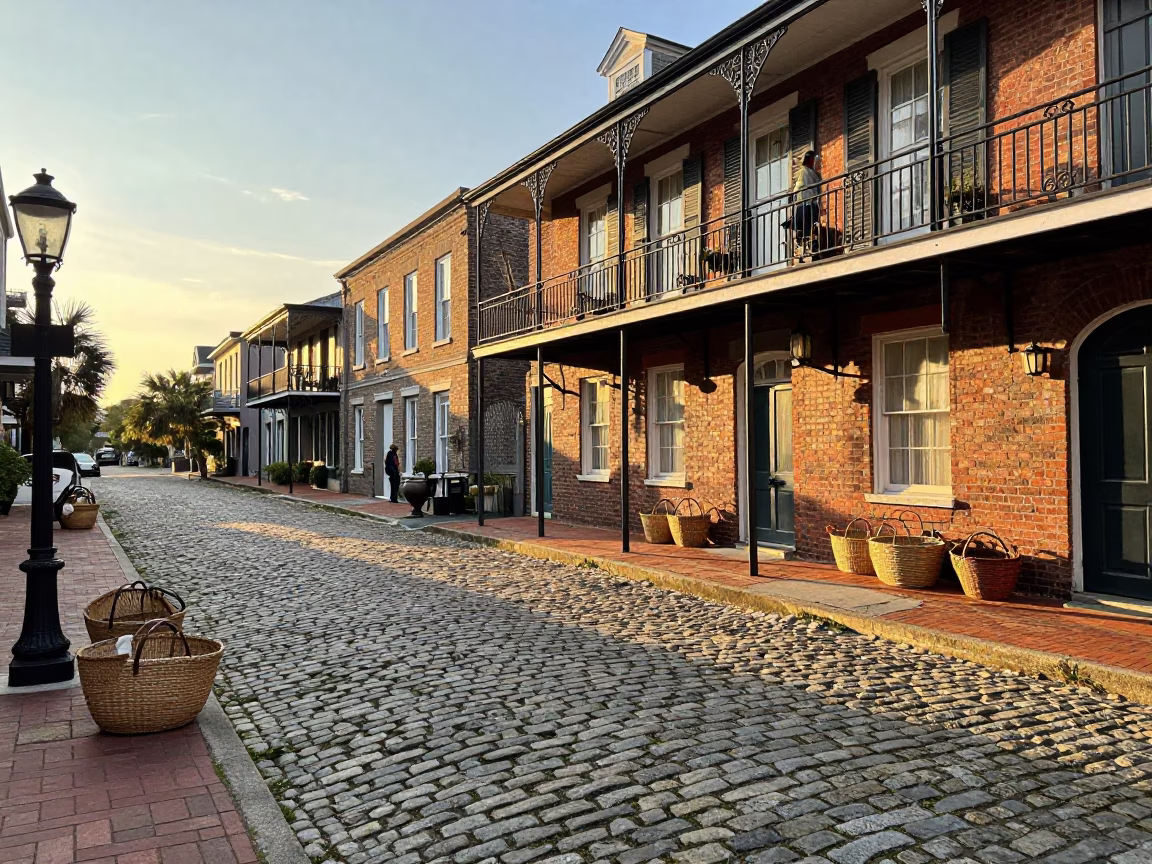 Charleston South Carolina Sunset Street Scene with Woven Baskets and Historic Architecture in in Charleston, South Carolina, United States