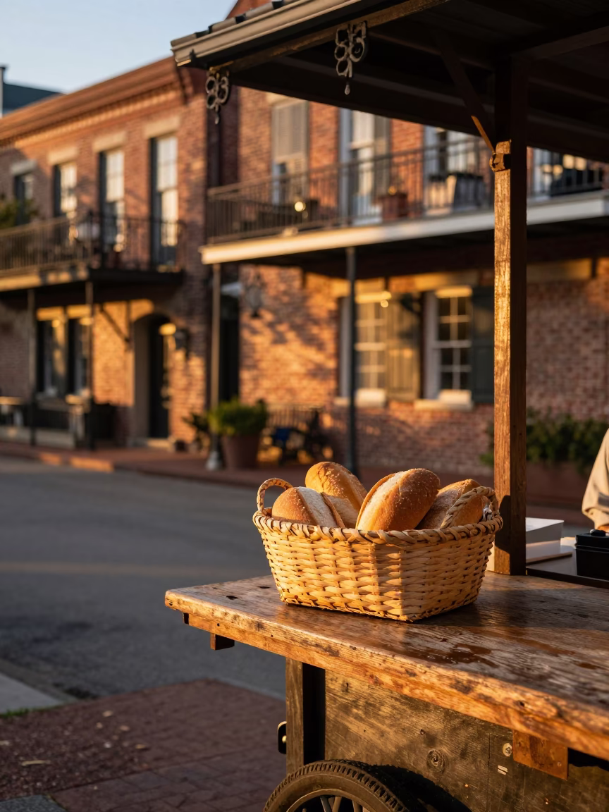 Charleston South Carolina Sunset Street Scene with Woven Bread Basket and Local Life in in Charleston, South Carolina, United States