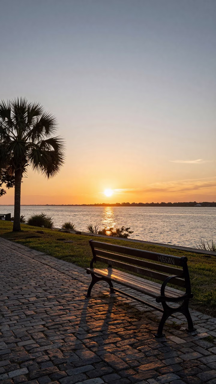 Charleston South Carolina Sunset View of Historic Battery Street Park Bench and Cobblestone Street in in Charleston, South Carolina, United States