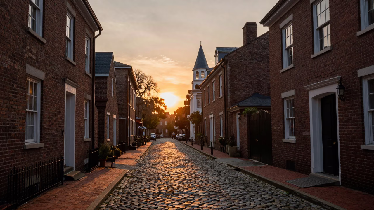 Charleston South Carolina Sunset View of Historic Brick Buildings and Cobblestone Street in in Charleston, South Carolina, United States