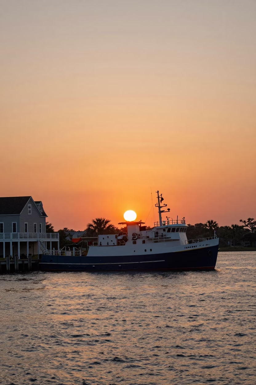Charleston South Carolina Sunset View of Waterfront Research Vessel and Historic Harbor Scene in in Charleston, South Carolina, United States