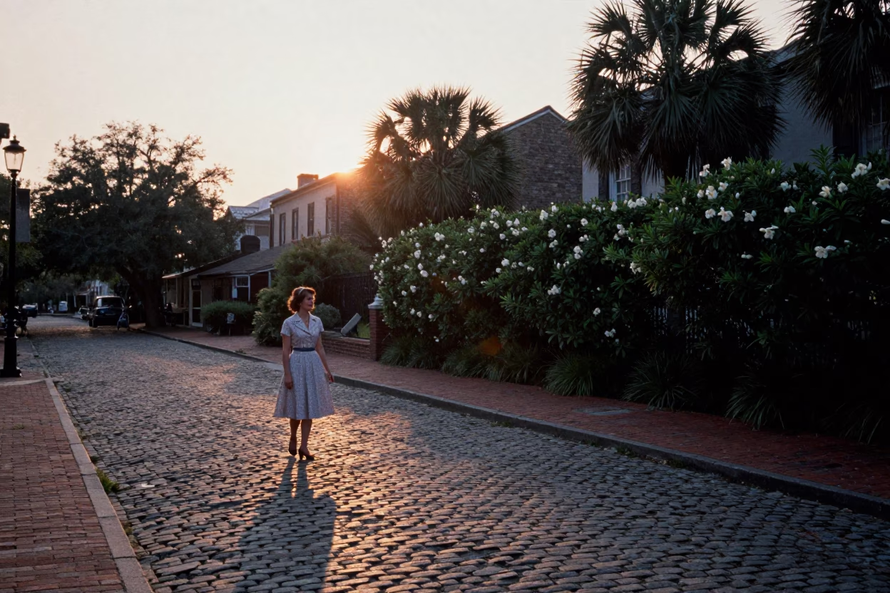 Charleston South Carolina Twilight Plumbago Hedge and Historic Brick Street Scene in in Charleston, South Carolina, United States