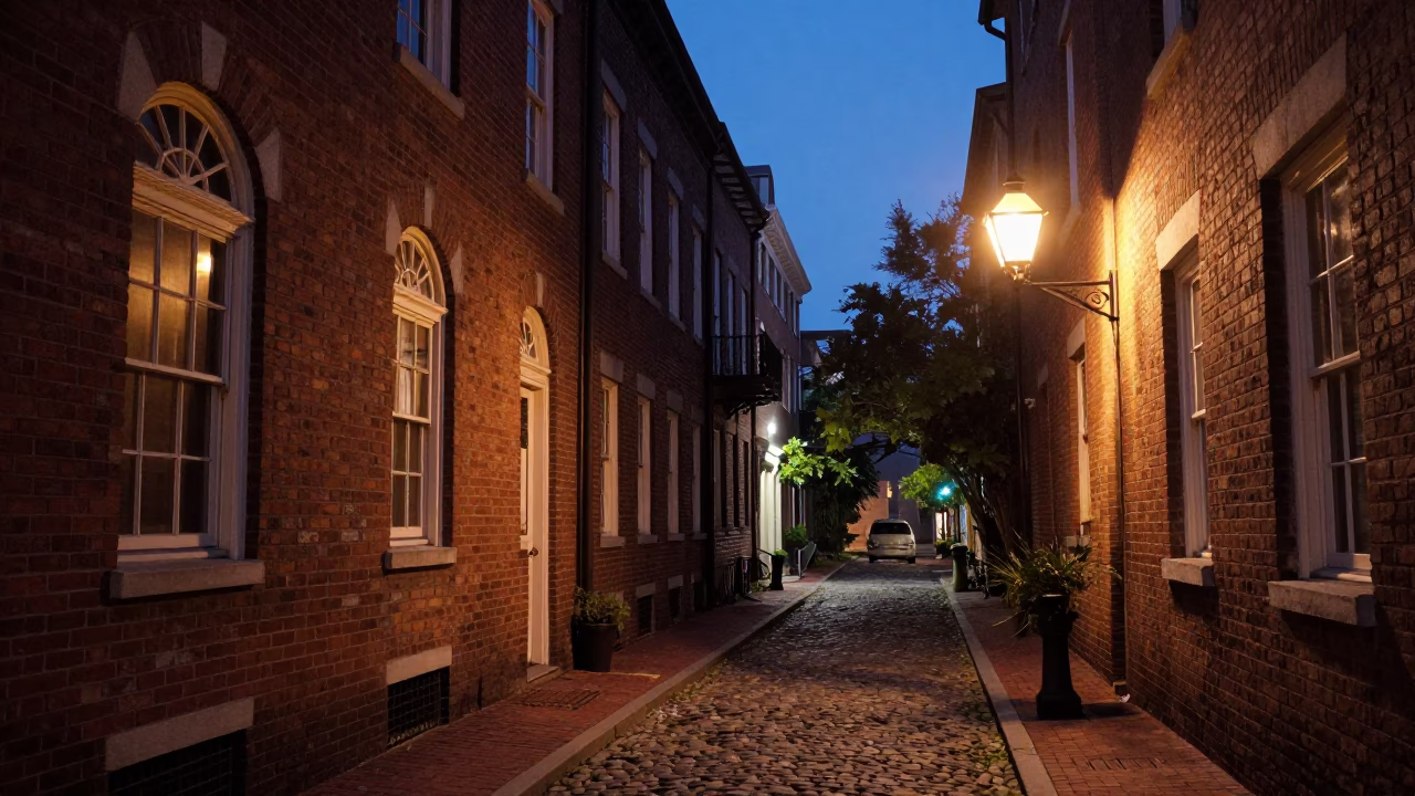 Charleston South Carolina Twilight Street Scene with Brick Alleyway and Historic Architecture in in Charleston, South Carolina, United States