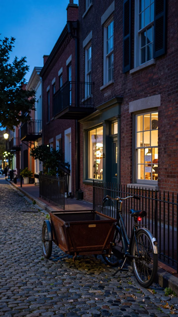 Charleston South Carolina Twilight Street Scene with Cargo Bicycle and Historic Architecture in in Charleston, South Carolina, United States