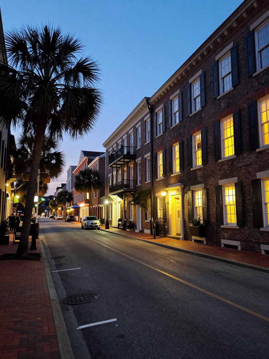 Charleston South Carolina twilight street scene with historic architecture and city lights in in Charleston, South Carolina, United States