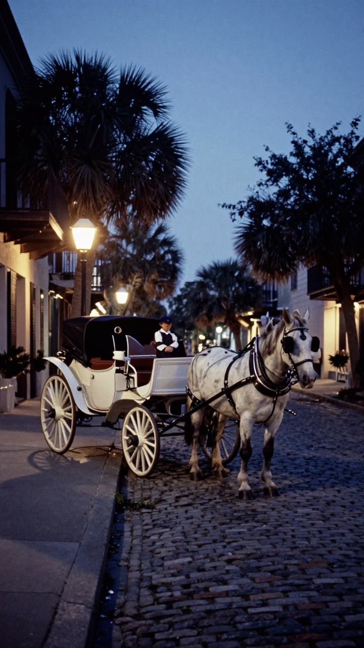 Charleston South Carolina Twilight Street Scene with Horse Carriage and Historic Architecture in in Charleston, South Carolina, United States