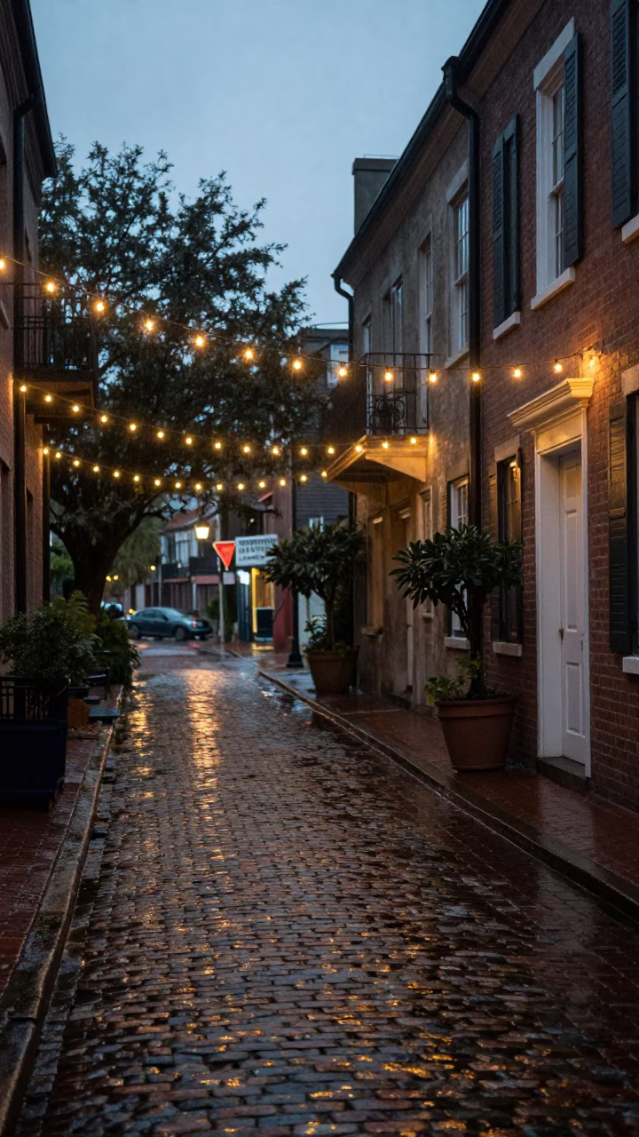 Charleston South Carolina Twilight Street Scene With String Lights And Rain Boots in in Charleston, South Carolina, United States