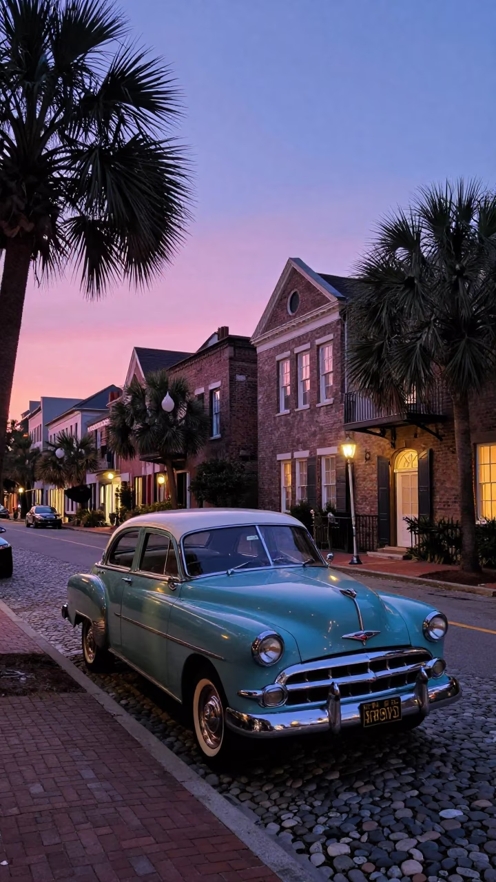 Charleston South Carolina Twilight Street Scene with Vintage Car and Historic Architecture in in Charleston, South Carolina, United States