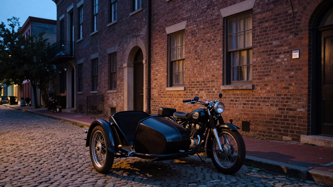 Charleston South Carolina Twilight Street Scene with Vintage Motorcycle and Sidecar in in Charleston, South Carolina, United States