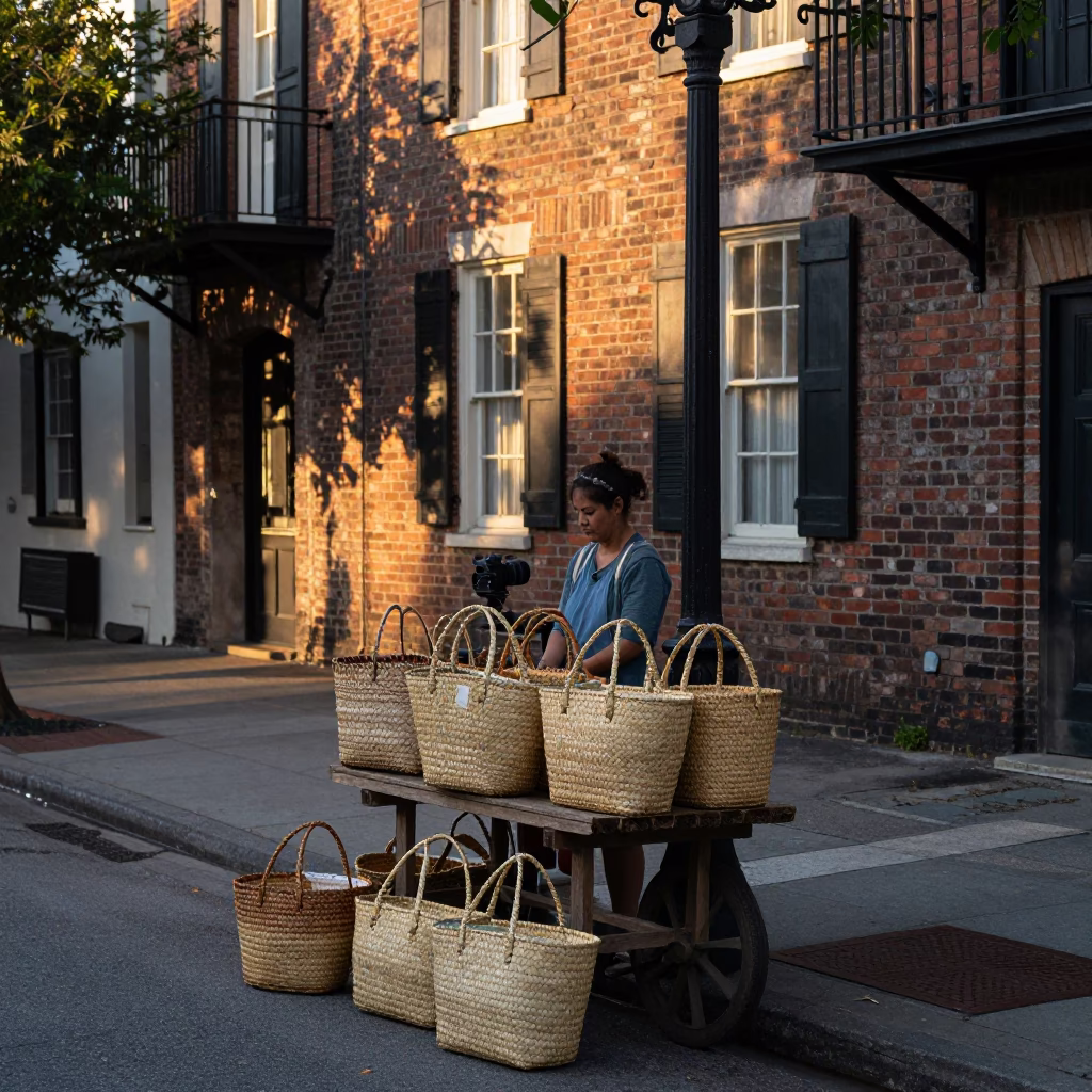 Charleston Street Scene at Dawn with Woven Sweetgrass Baskets in in Charleston, South Carolina, United States