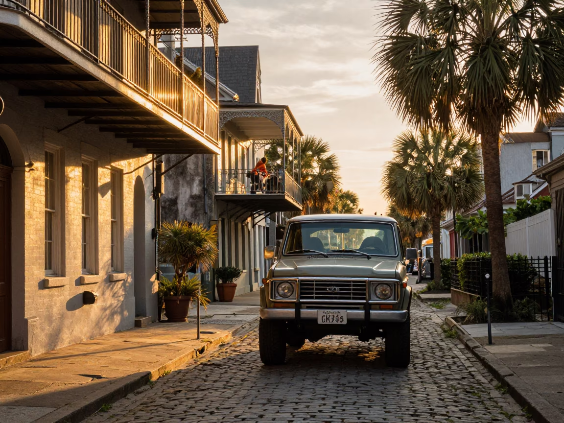 Charleston Street Scene at Golden Hour in in Charleston, South Carolina, United States