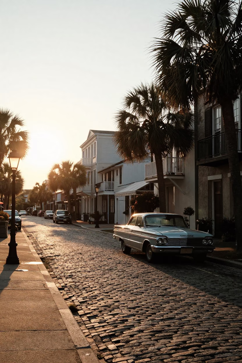 Charleston Street Scene at Golden Hour in in Charleston, South Carolina, United States