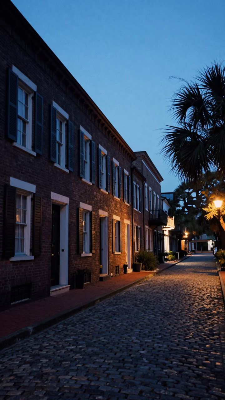 Charleston Street Scene at The Still Hours Before Dawn Light in in Charleston, South Carolina, United States
