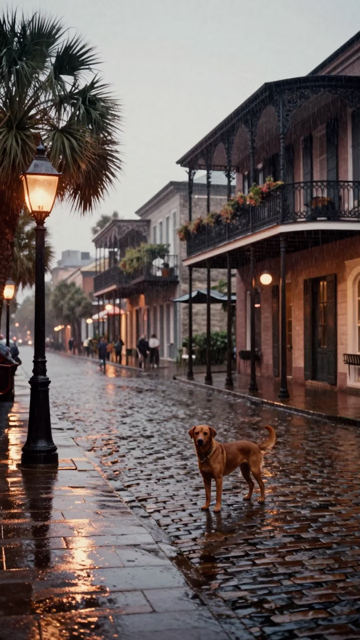 Charleston street scene with brown dog and rain wet pavement at dusk in in Charleston, South Carolina, United States