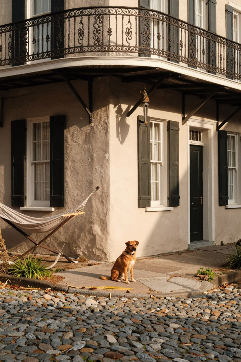 Charleston Street Scene with Dog and Hammock in Warm Afternoon Light in in Charleston, South Carolina, United States