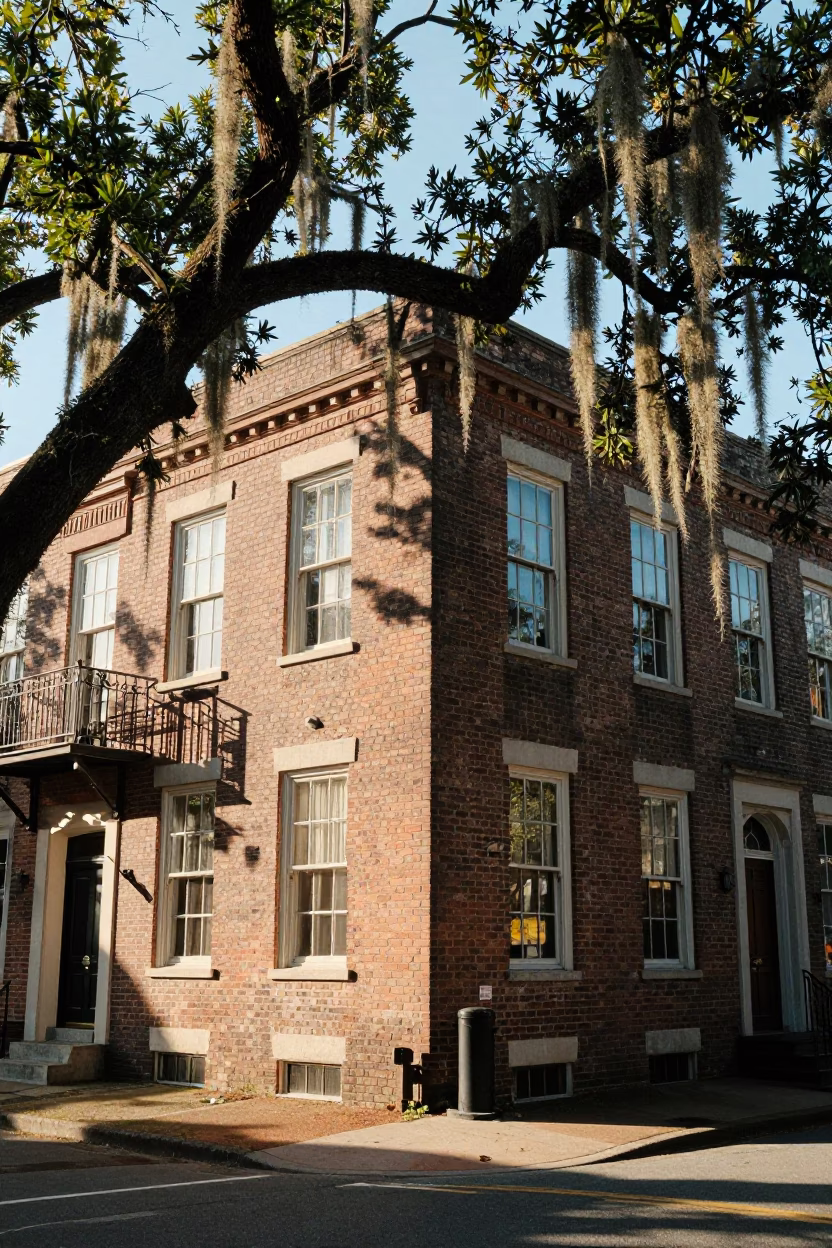 Charleston Street Scene with Spanish Moss and Historic Brick Architecture in Late Afternoon Light in in Charleston, South Carolina, United States