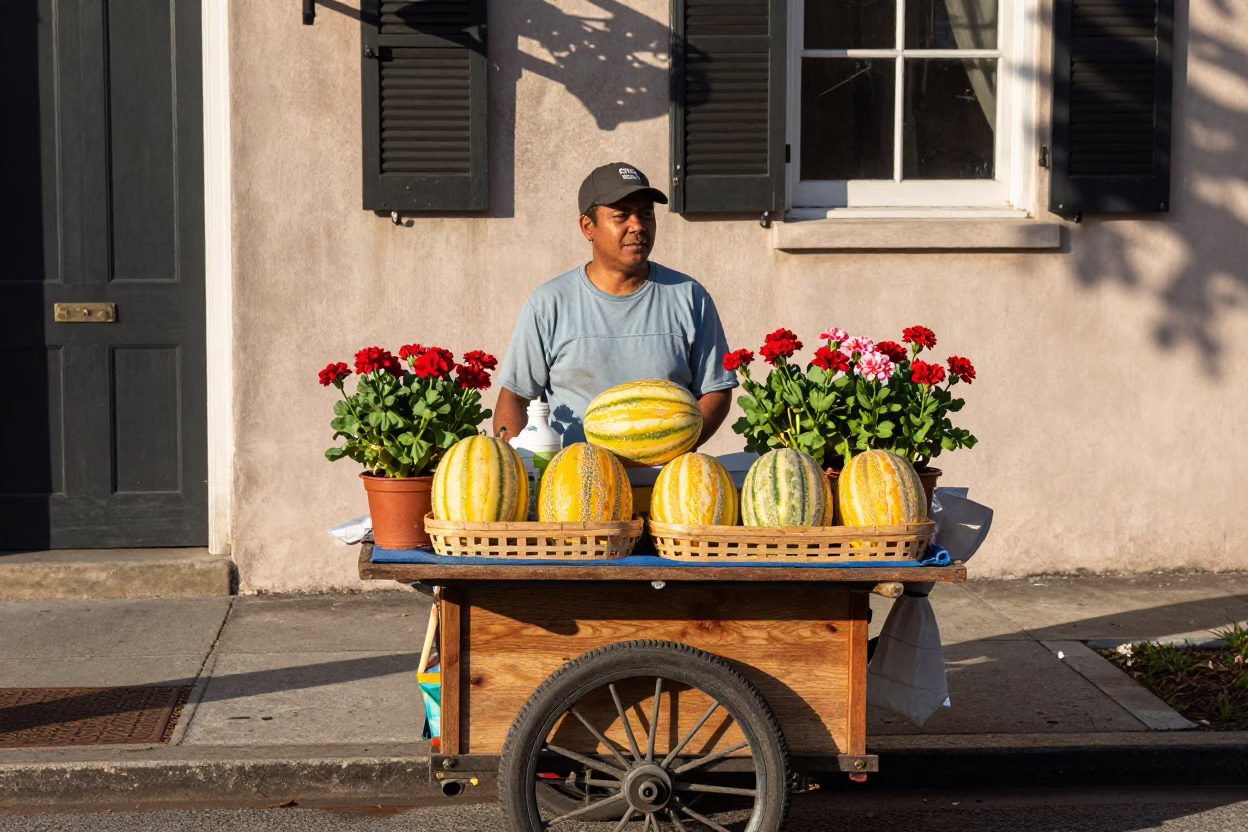 Charleston Street Vendor Selling Melons and Potted Geraniums in Late Afternoon Light in in Charleston, South Carolina, United States