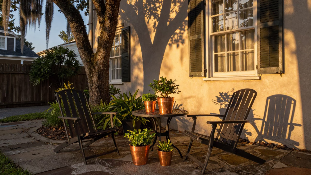 Charleston Sunset Deck Chairs Copper Pots Garden Houseplants in in Charleston, South Carolina, United States