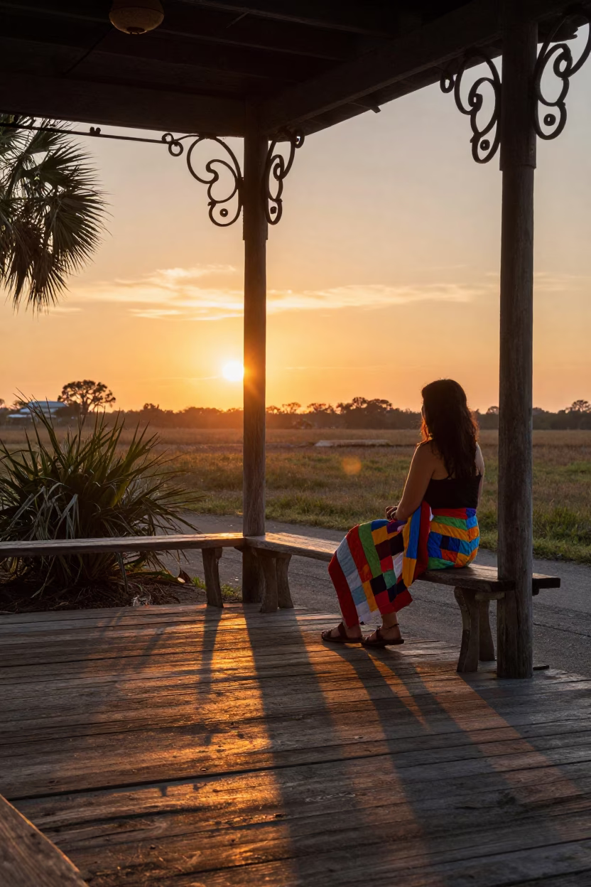 Charleston Sunset Porch Scene with Woven Quilt and Wrought Iron Details in in Charleston, South Carolina, United States