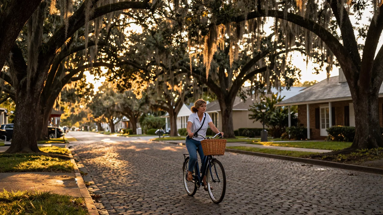 Charleston Sunset Street Scene with Bicycle Basket and Spanish Moss in in Charleston, South Carolina, United States