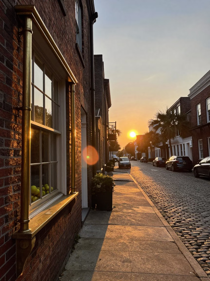 Charleston Sunset Street Scene with Brass Window and Fruit Crate in in Charleston, South Carolina, United States