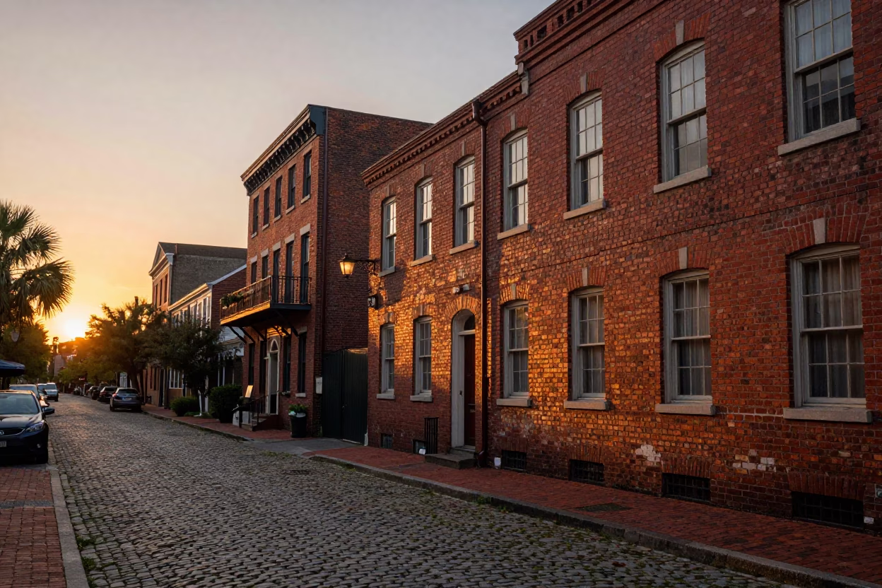 Charleston Sunset Street Scene with Historic Brick and Local Commerce in in Charleston, South Carolina, United States