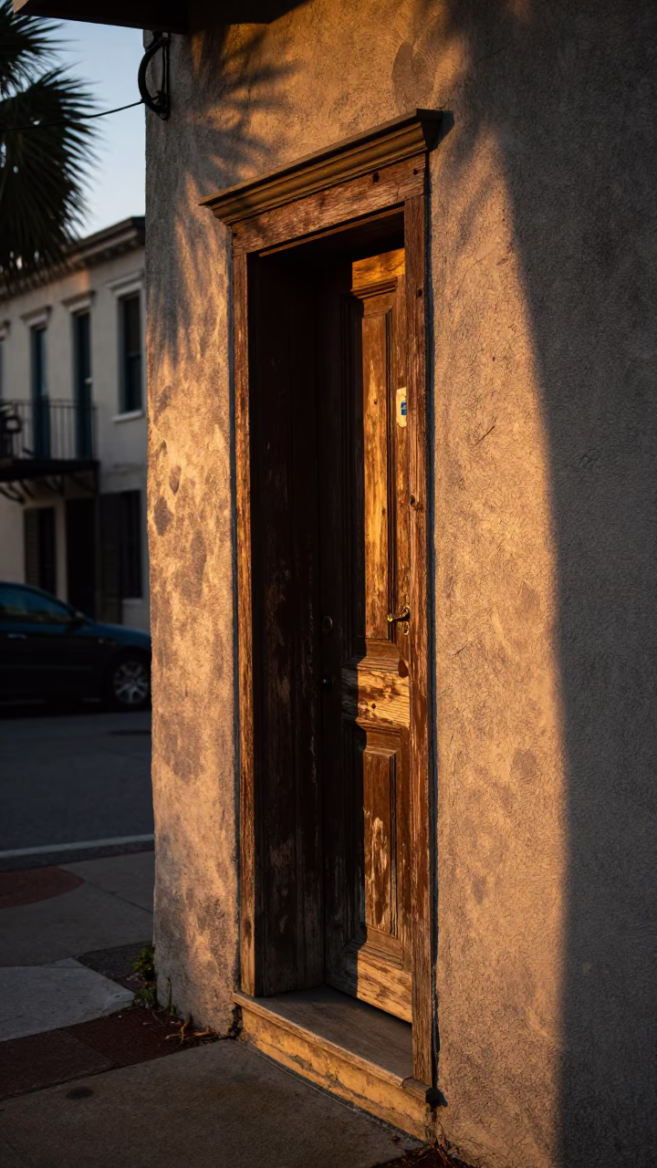 Charleston Sunset Street Scene with Vintage Doorframe and Local Detail in in Charleston, South Carolina, United States