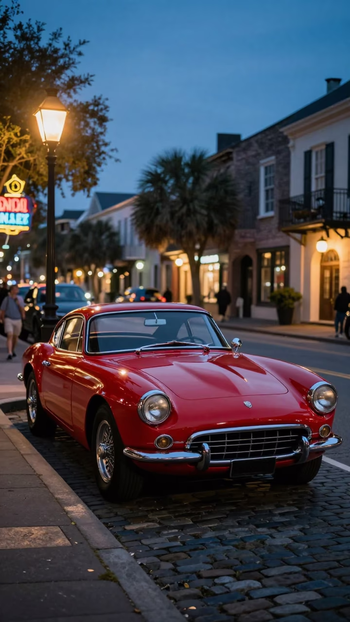 Charleston Twilight Street Scene with Vintage Sports Car and Local Diner in in Charleston, South Carolina, United States