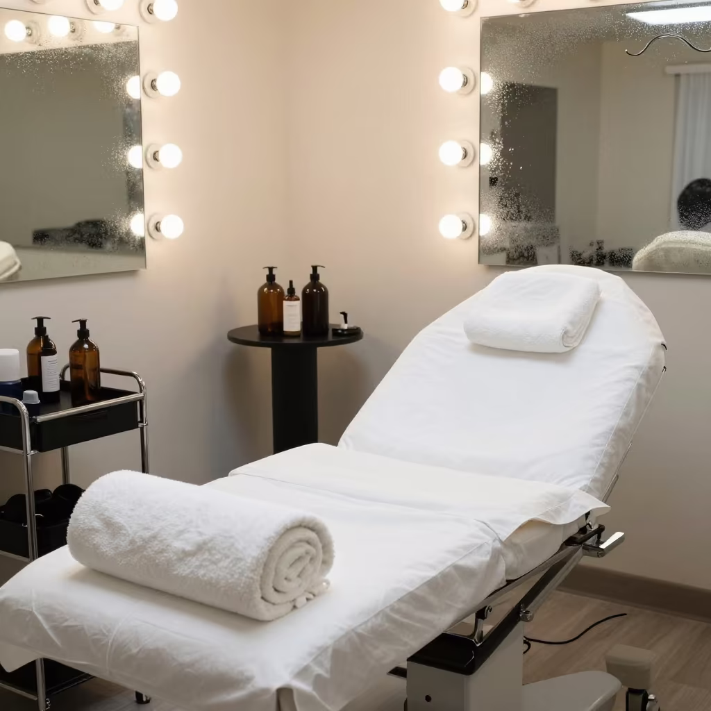 Charlotte Barber Station Towels and Amber Bottles in at a barber station beneath mirror bulbs near Charlotte