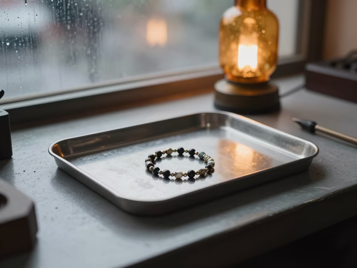 Charm Bracelet on Velvet Tray Under Amber Lamp in at a goldsmith bench in a bazaar jewelry lane near Surabaya