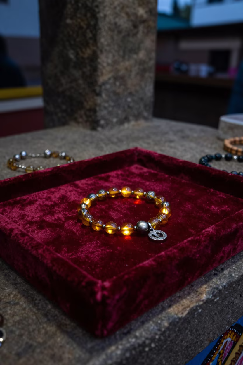 Charm Bracelet on Velvet Tray in Gitega Bazaar in at a jewelry counter inside a covered bazaar in Gitega