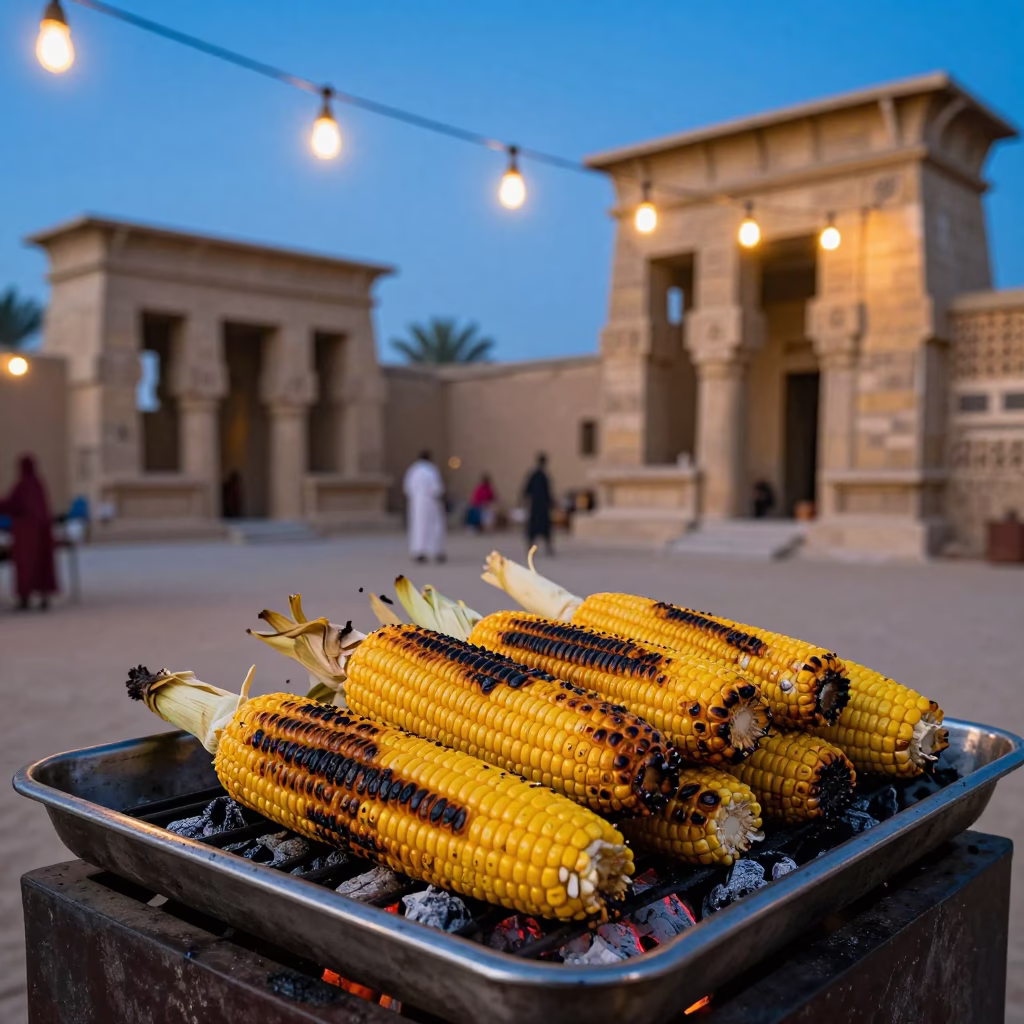 Charred Corn Ears on Tray in Khartoum Courtyard in in a temple courtyard in Khartoum