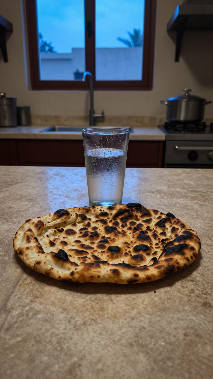 Charred Flatbread and Condensation at Blue Hour in on a kitchen worktop in Mukalla