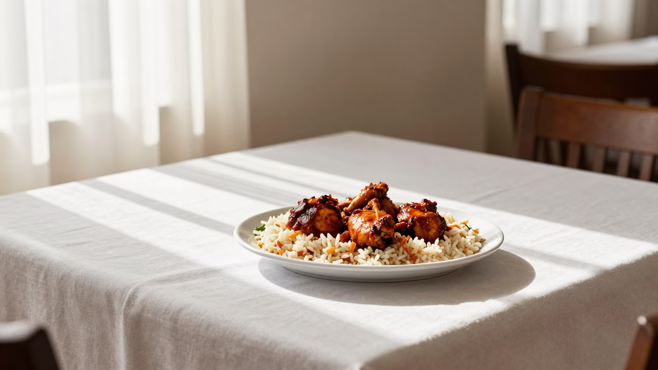 Charred Jerk Chicken and Rice Platter in on a linen-covered restaurant table in Jaramana