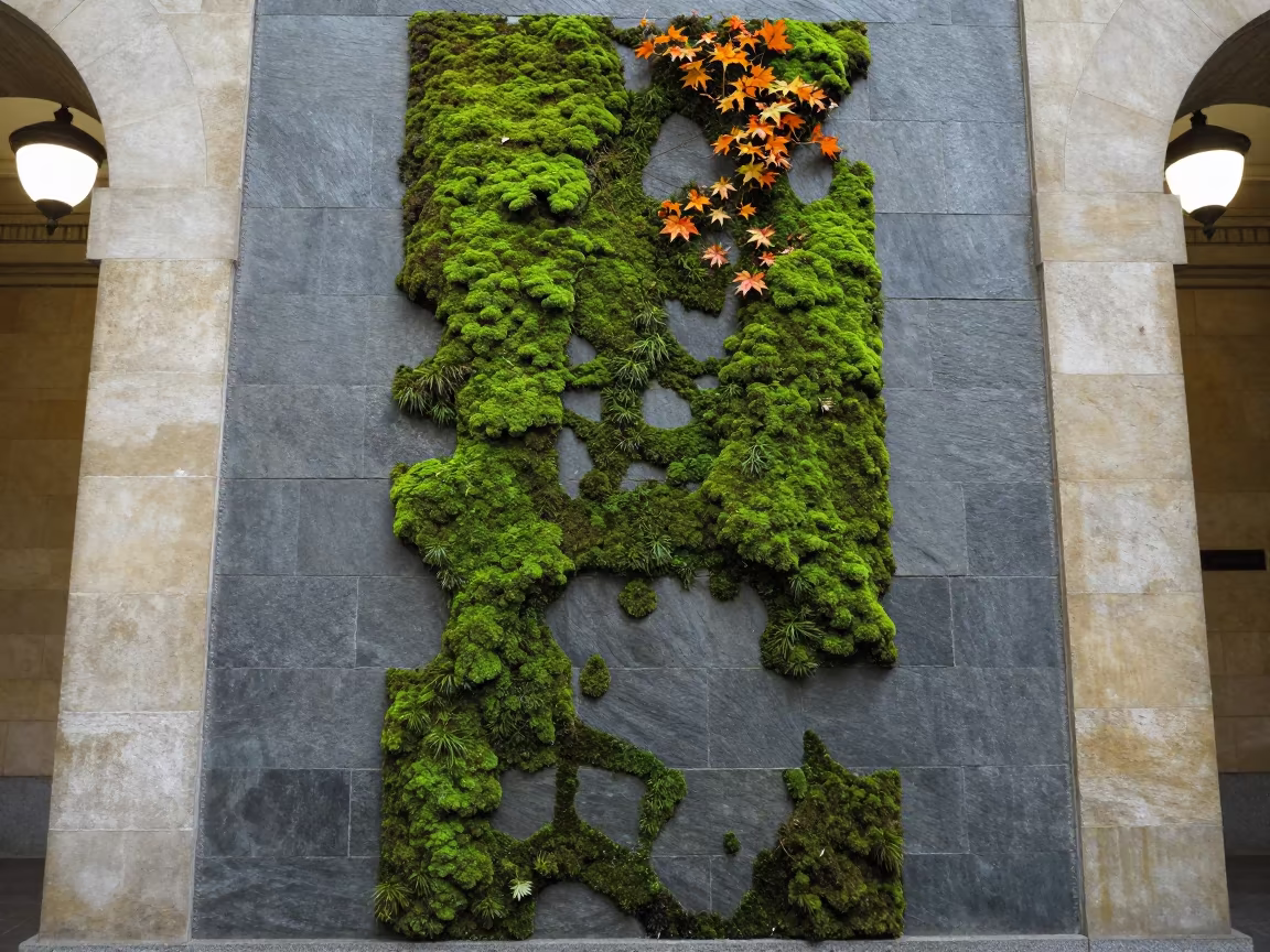 Chartreuse Moss on Slate Grey Terminal Wall in inside a restored train terminal in El Paso