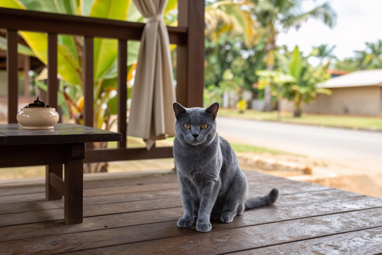 Chartreux Cat on Shaded Gonaïves Porch in on a shaded front porch with boards, railings, and eye-level framing near Gonaïves