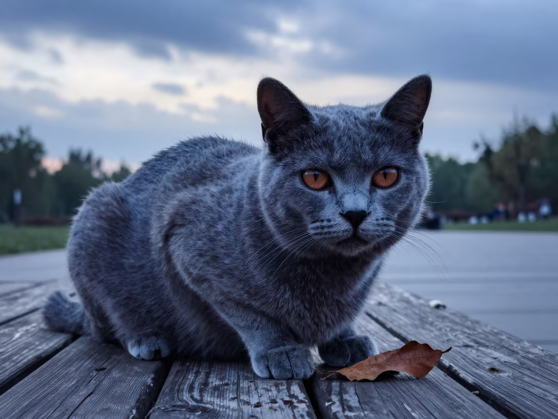 Chartreux Cat on Shaded Lanzhou Porch at Dawn in along a quiet park path with soft open shade and a clean background in Lanzhou
