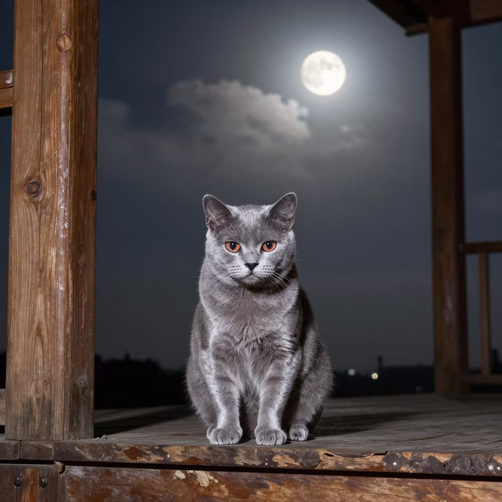 Chartreux Cat on Shaded Lima Porch Moonlight in on a shaded front porch with boards, railings, and eye-level framing in Surquillo Market, Lima