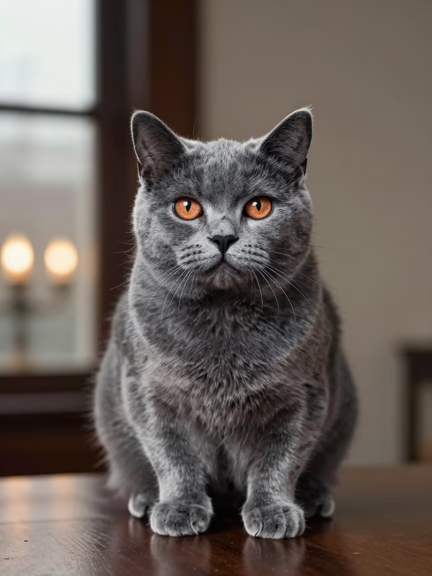 Chartreux Cat Portrait in Early Spring Studio in in a quiet portrait studio with a plain backdrop and eye-level framing near Taiyuan