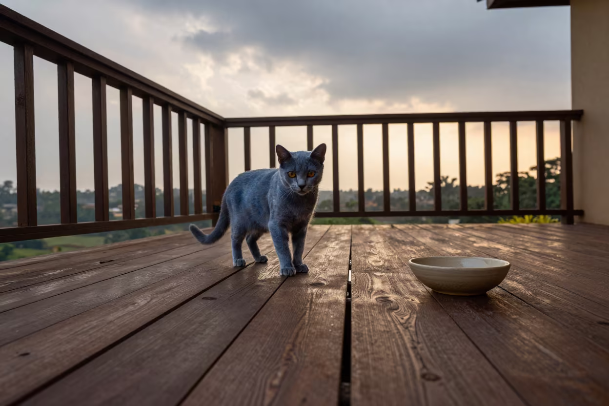 Chartreux Cat Shaded Kampala Porch Evening in on a shaded front porch with boards, railings, and eye-level framing in Kampala