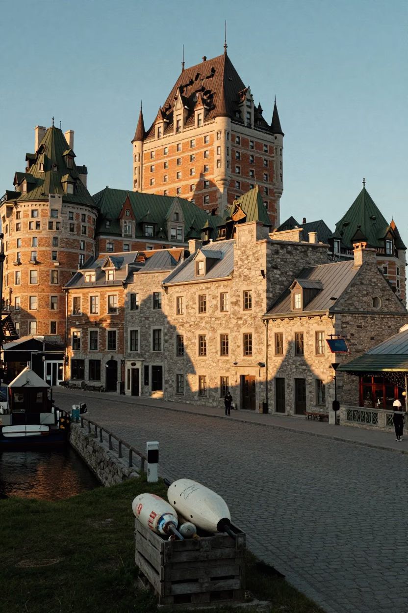 Château Frontenac And Historic Stone Walls in Quebec City in in Quebec City, Quebec, Canada