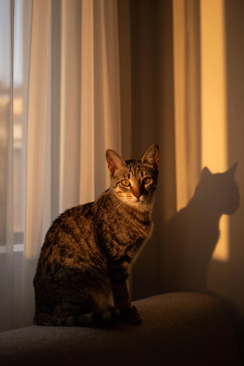 Chausie Cat in Venice Evening Light Portrait in on a sofa near a curtained window with calm indoor light near Venice