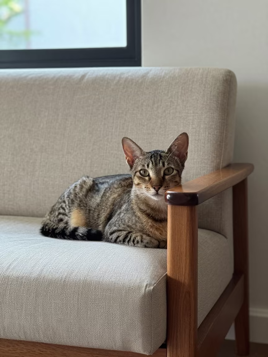 Chausie Cat Lounging on Linen Sofa in Masvingo Light in on a linen sofa with daylight from a nearby window in Masvingo