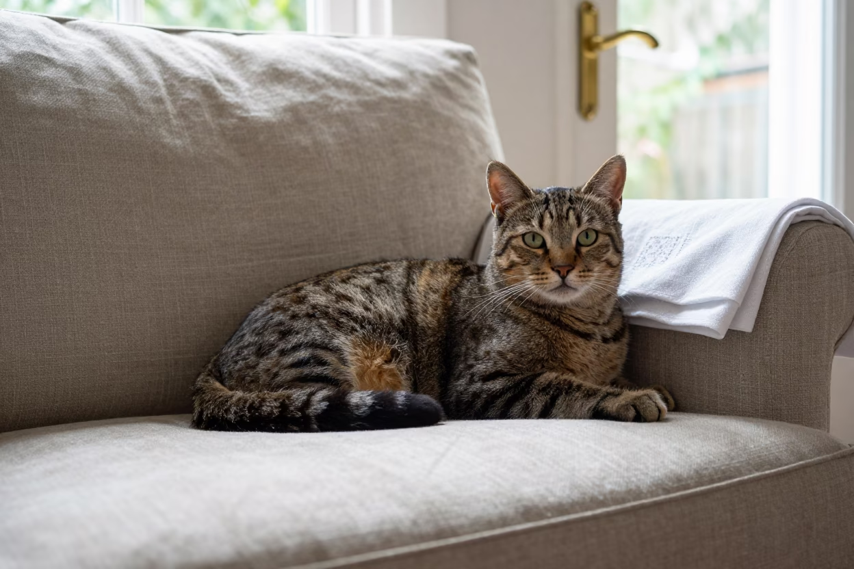 Chausie Cat Lounging on Linen Sofa in Potsdam Light in on a linen sofa with daylight from a nearby window near Potsdam