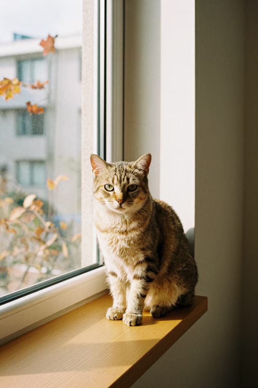 Chausie Cat Lounging on Window Seat in on a window seat in a quiet apartment with soft side light in Daejeon