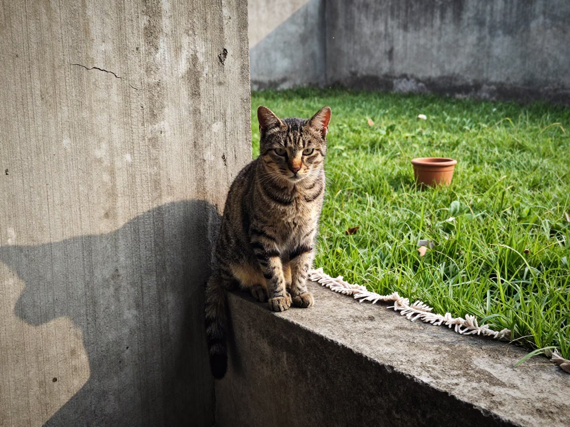 Chausie Cat on Courtyard Wall Near Gondia in in a small yard with clipped grass, calm light, and the animal centered in frame near Gondia